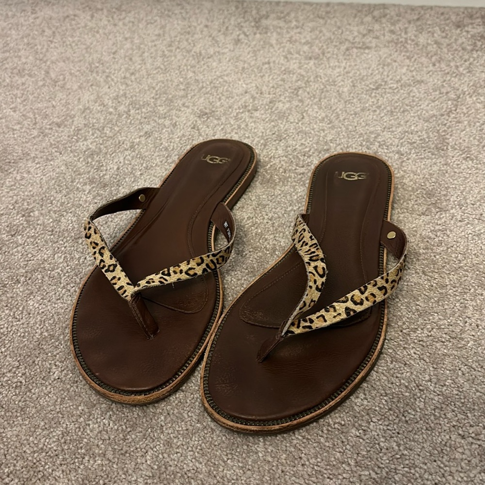UGG Brown Leather Flip Flop Sandals with Leopard Print Straps